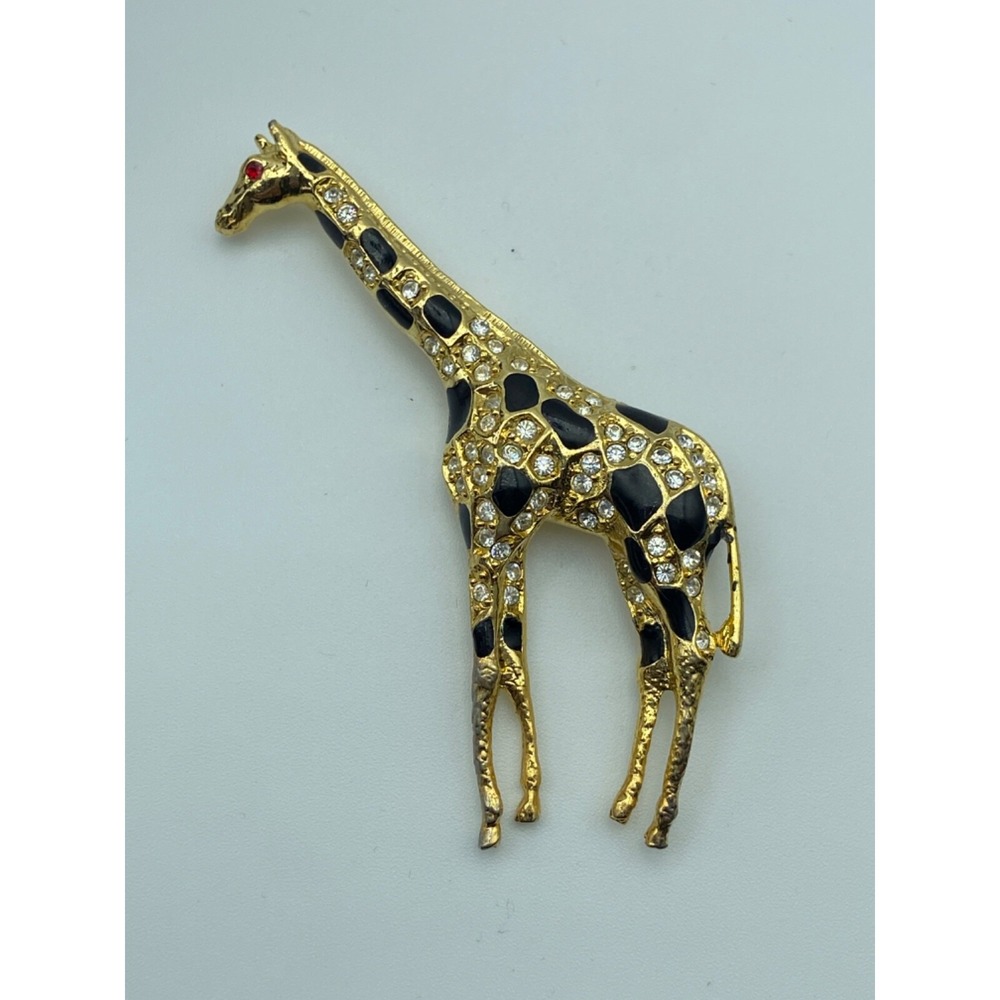Vintage Gold Tone Giraffe Brooch with Black Enamel & Rhinestones 3in Tall Animal
